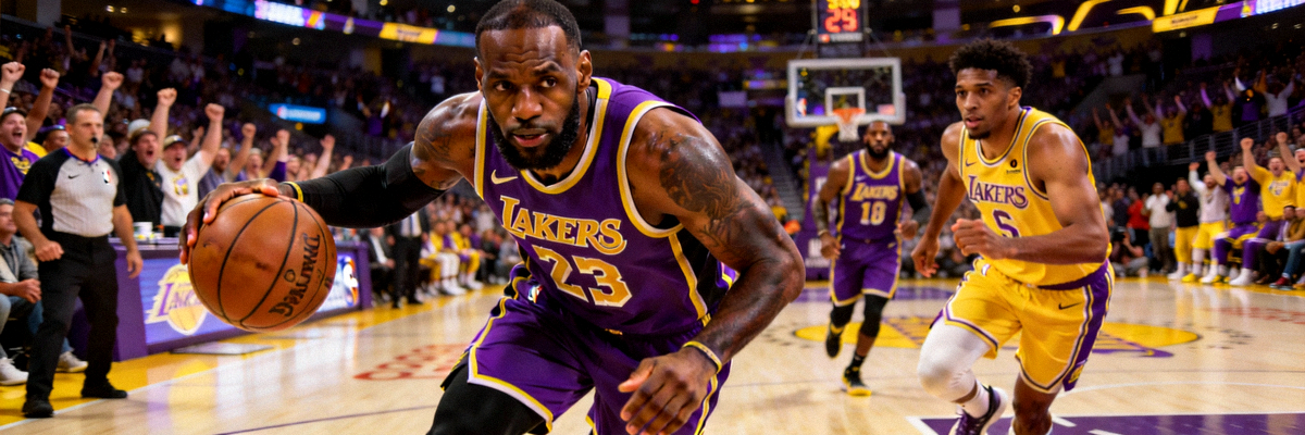 NBA总决赛激烈对决现场，湖人队球员勒布朗·詹姆斯持球突破