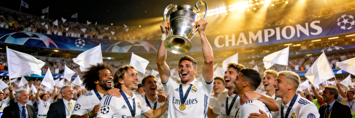 欧冠决赛皇家马德里庆祝胜利，球员举起奖杯瞬间