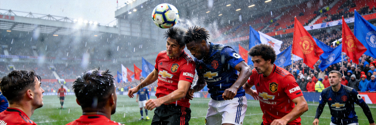 英超曼彻斯特德比火爆场面，球员在雨中争抢头球